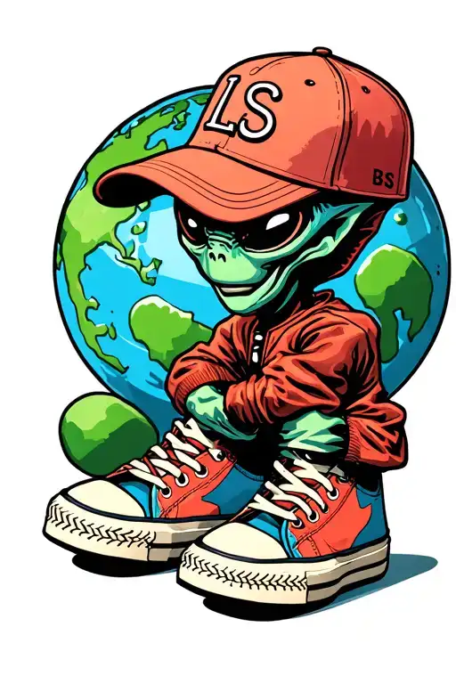 Alien In Big Hightop Shoes Showing With Ls Written On Baseball Cap Dancing With Earth Globe