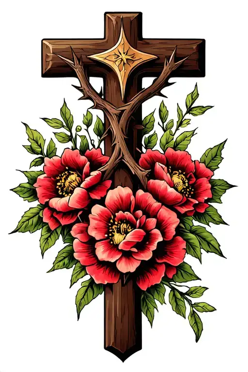 Cross With Thorns And Flowers Intertwined