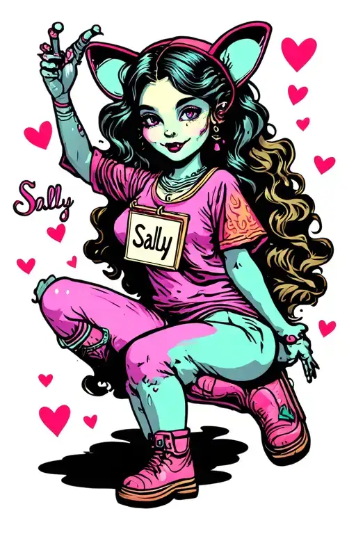 Girl With 'Sally' Nametag And Hearts Beside Alien Dancing