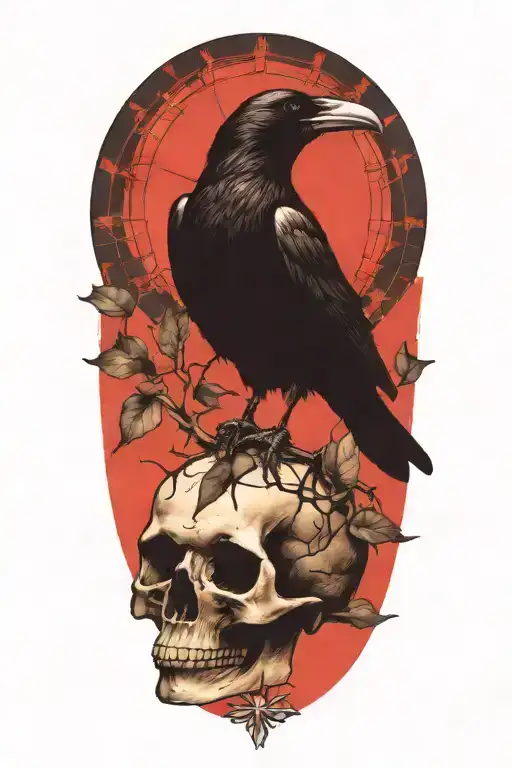 Raven Perched On Skull With Stain Glass Window Background