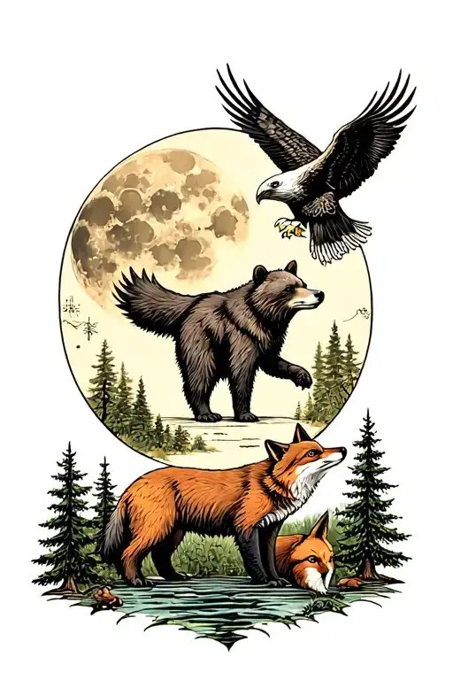 A Scene Have A Bear And Fox And Eagle And Moon And Trees