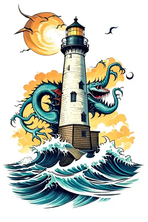 Lighthouse With Stormy Seas Sea Monster