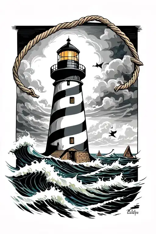 Lighthouse With Stormy Seas And Rope Border