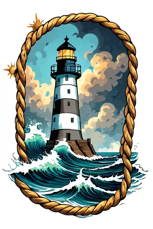 Lighthouse With Stormy Seas And Rope Border