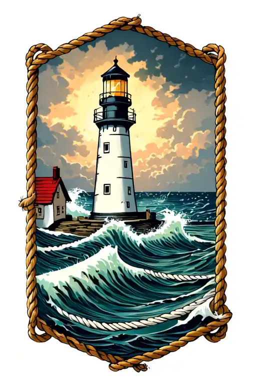 Lighthouse With Stormy Seas And Rope Border