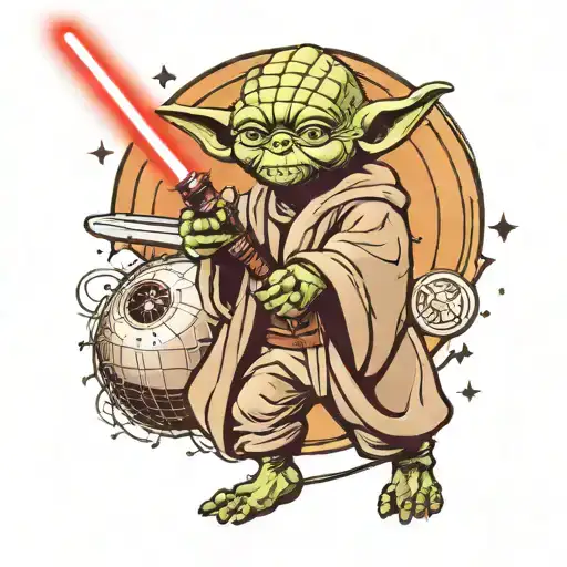 Yoda Holding A Light Saber With Death Star Behind Him