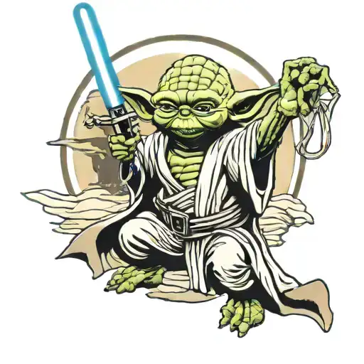 Yoda Holding A Light Saber With Death Star Behind Him