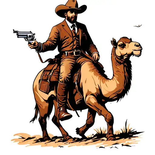 Cowboy Holding A Revolver Riding A Camel With A Cigarette In Its Mouth