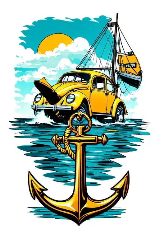 Yellow 1966 Vw Beetle And Boat Anchor