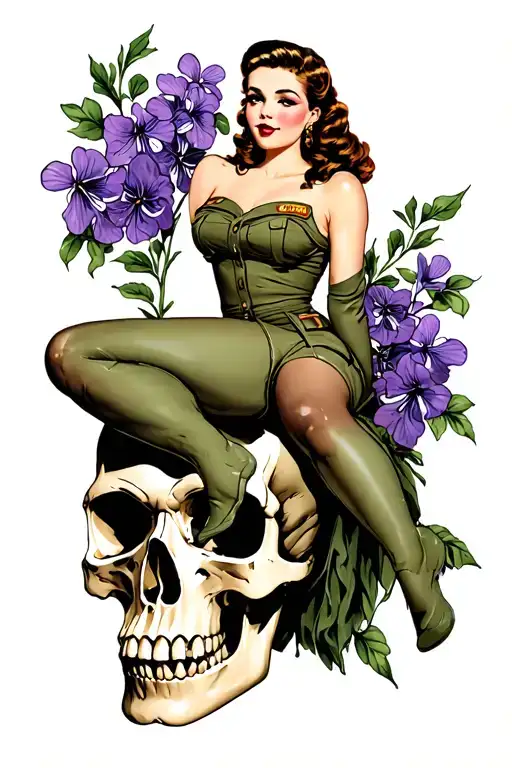 Pinup Girl Military Sitting On A Skull With Violets