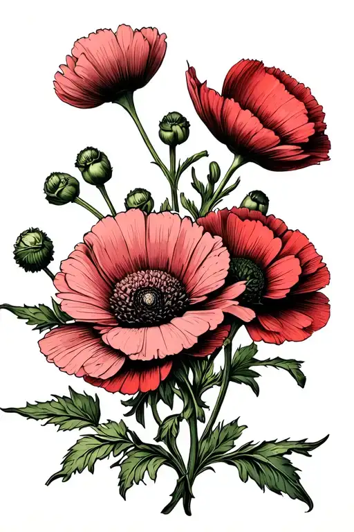 Poppy Flower Merged With A Chrysanthemum Flower And Stems Intertwined