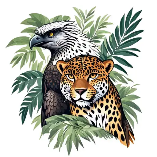 Harpy Eagle And A Jaguar In A Jungle