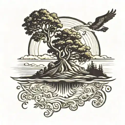 Flying Island With A Tree And Sun On Background