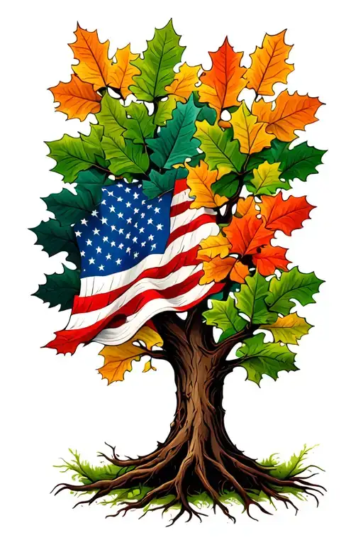 Oak Tree With American Flag Color Leaves And Irish Flag Color Roots