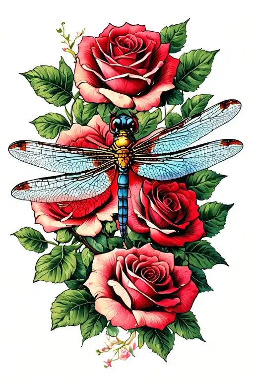 Dragonfly And Roses Intertwined