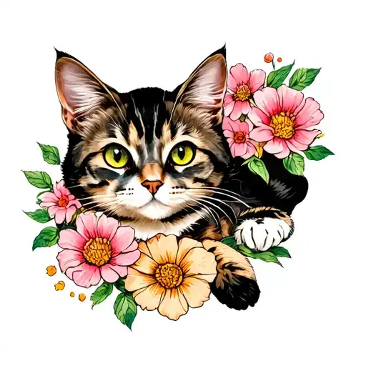 Cat Laying On Flowers Blooming