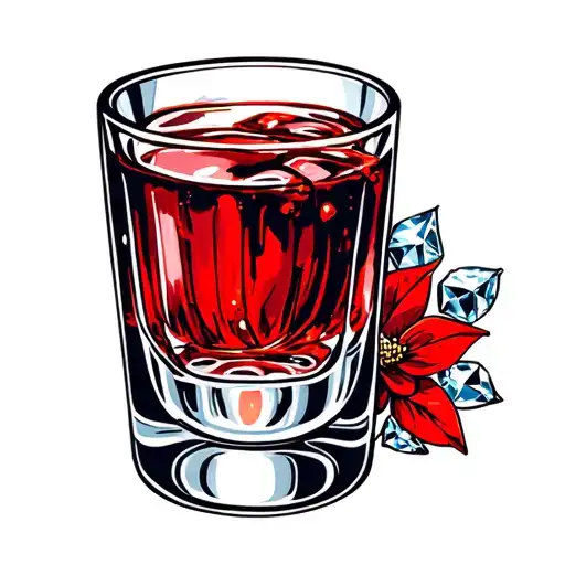 Shot Glass Traditional Tattoo With Red Liquid And Diamonds