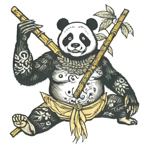 Shirtless Man Panda Mask With Bamboo Berimbau