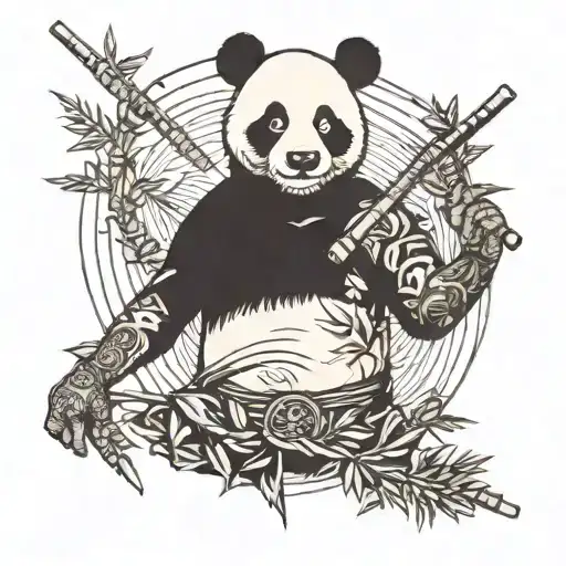 Shirtless Man Badass Panda Mask With Bamboo Berimbau