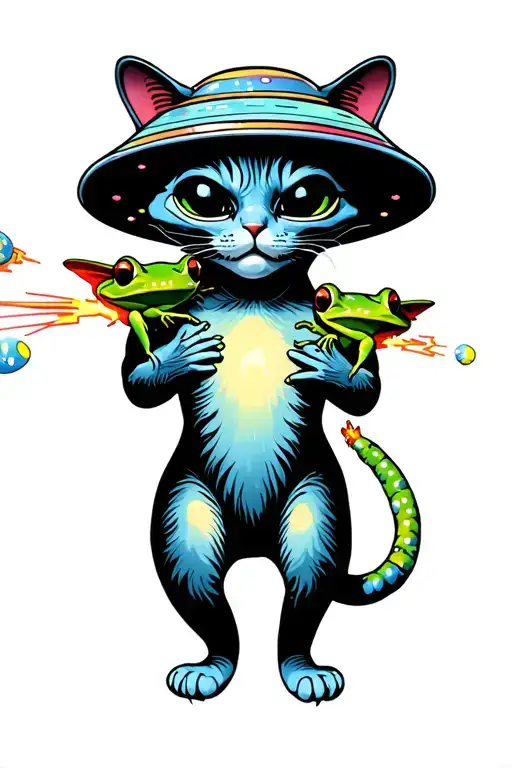 Alien Abducting Cat With Space Frogs Shooting At Ufo