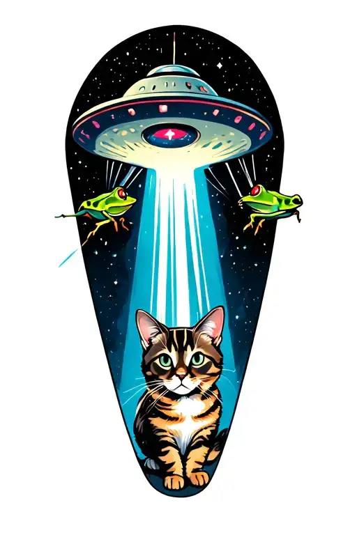 Ufo Abducting Cat With Space Frogs Shooting At Ufo