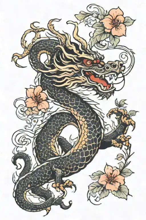 A Korean Dragon Surrounded By Hibiscus Flowers