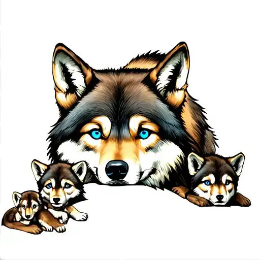 Wolf With Two Cubs And Blue Eyes