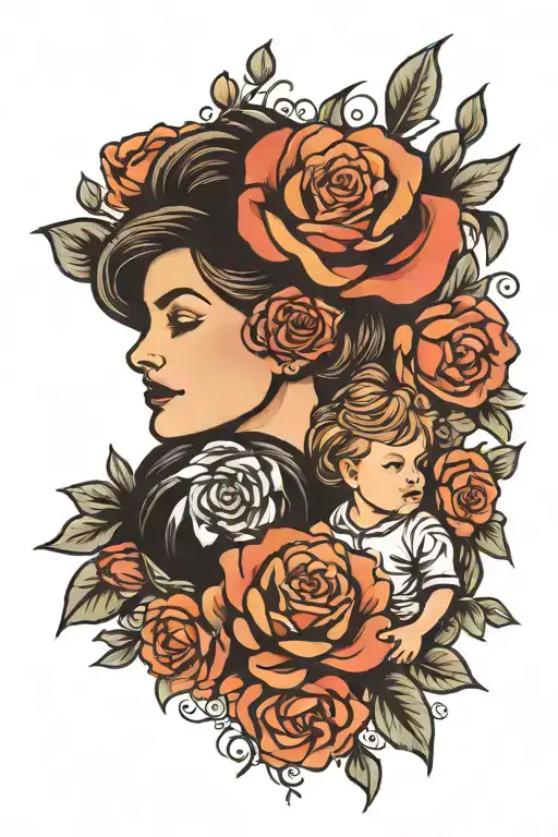 Mother And Son Matching Tattoo Design With Flowers
