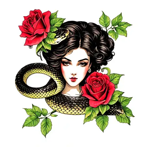 Woman Snake And Roses