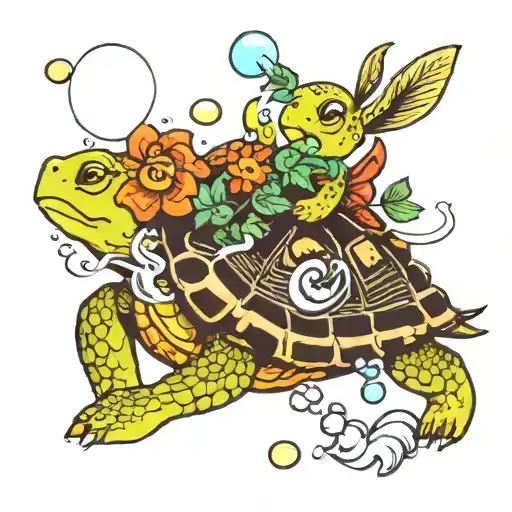 Turtle Kicks Rabbit Blowing Bubbles With Flowers