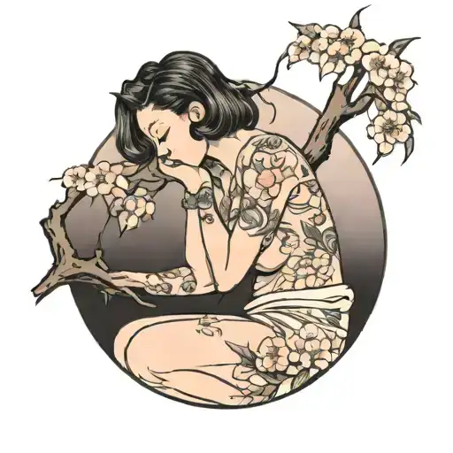 Female Out Line Covering Herself Under A Cherry Blossom Tree Crying