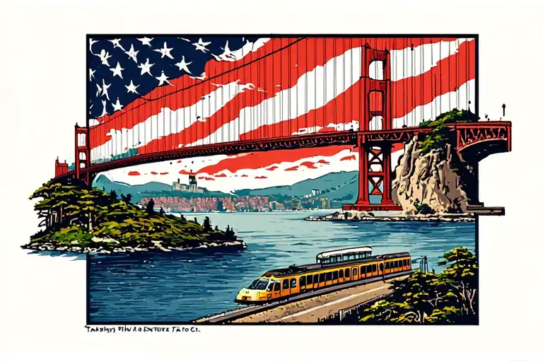 Golden Gates Bridge With Alcatraz Island And A Tramway