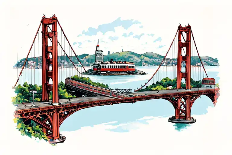 Golden Gates Bridge With Alcatraz Island And A Old Tramway Front