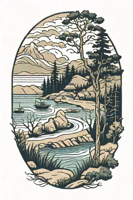 Beach And Forrest With River Flowing