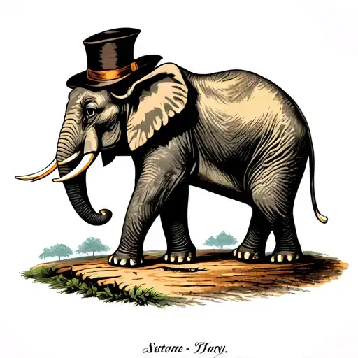 American Traditional Flash Tattoo Elephant With Sherlock Holmes Hat On Stump