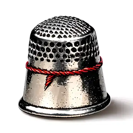 Silver Thimble With Red Threaded Needle