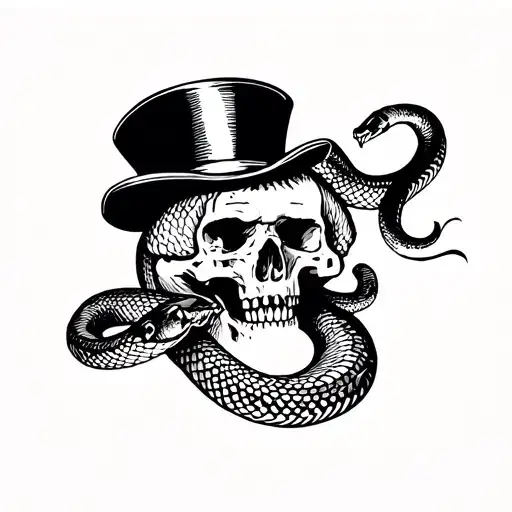 Traditional Tattoo Snake Emerging It's Head Through A Skulls Jaw With A Top Hat On