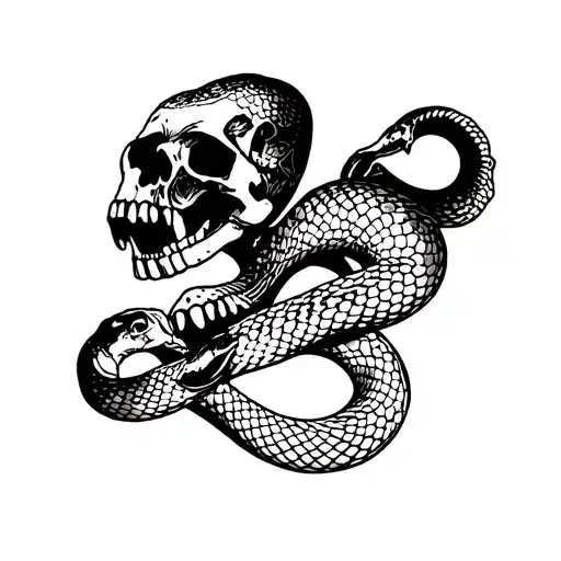 Traditional Tattoo Snake Emerging It's Head Through A Skulls Jaw