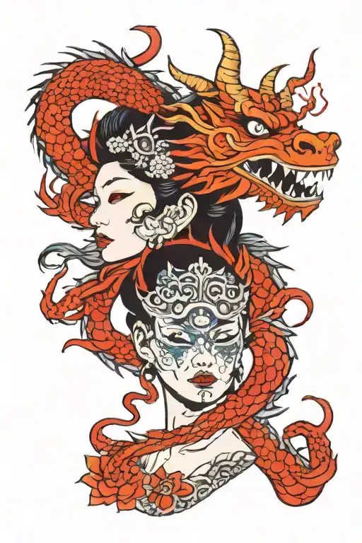 Girl With Crown Around The Dragon Japanesse Mask