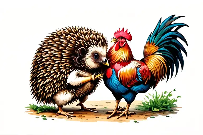 Hedgehog And Rooster Fighting Each Other
