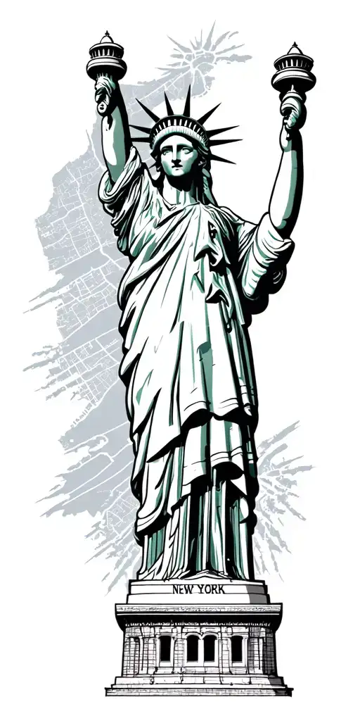 New York Map Outline With Statue Of Liberty And A Windy Road