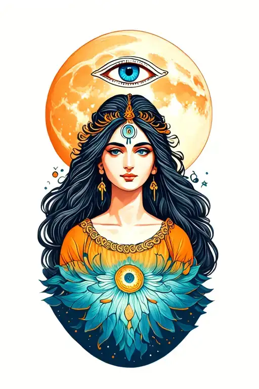 A Beautiful And Enlightened Being Has A Third Eye On Her Forehead And Is In Front Of The Moon