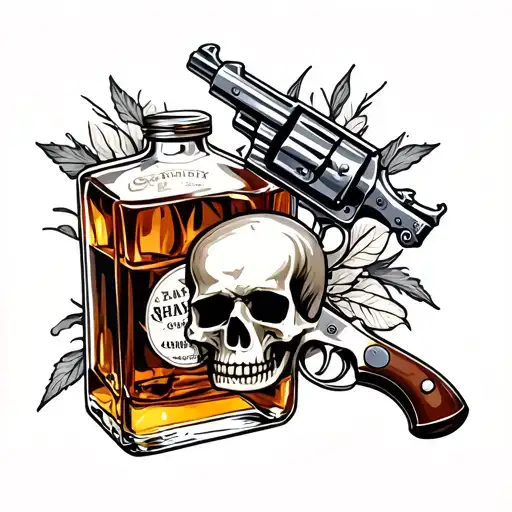 Bottle Of Whisky Skull And Revolvers