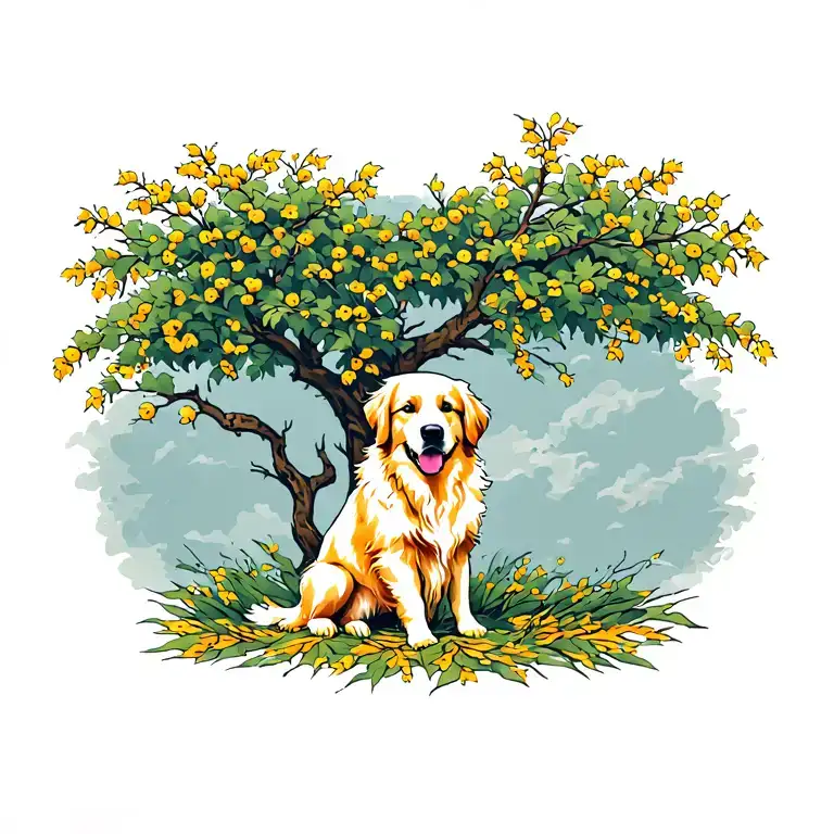 Rowan Tree With Golden Retriever Sitting