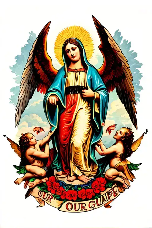 Colorful Our Lady Of Guadalupe With Angels Fighting Demons