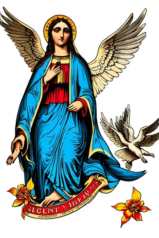 Colorful Our Lady Of Guadalupe With Angels Flying