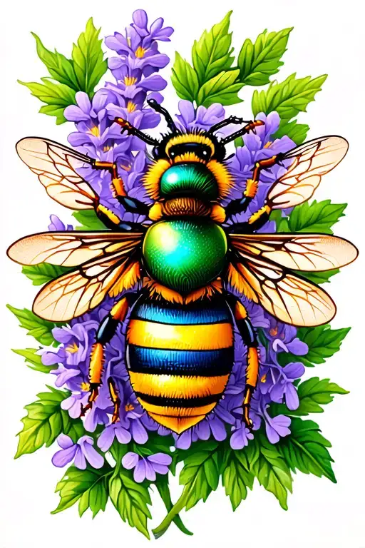 1 Yellow Bee 1 Green Metallic Bee And 1 Blue Banded Bee With Lavender And Vines