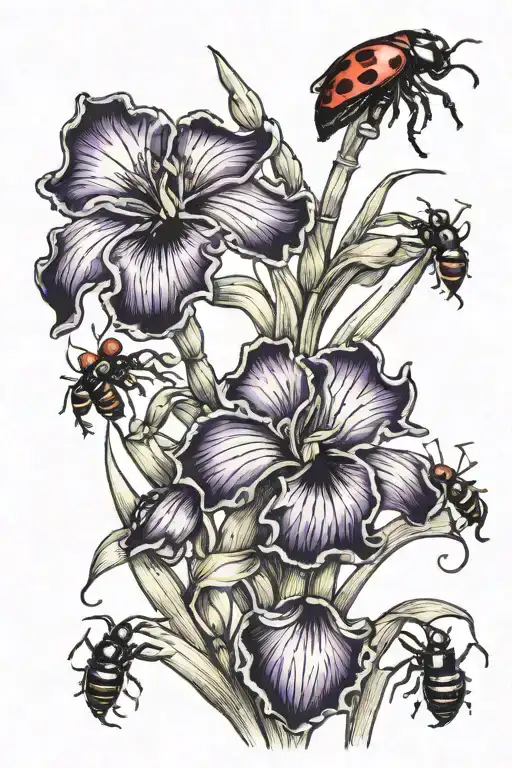 Purple Irises With Ladybugs Crawling