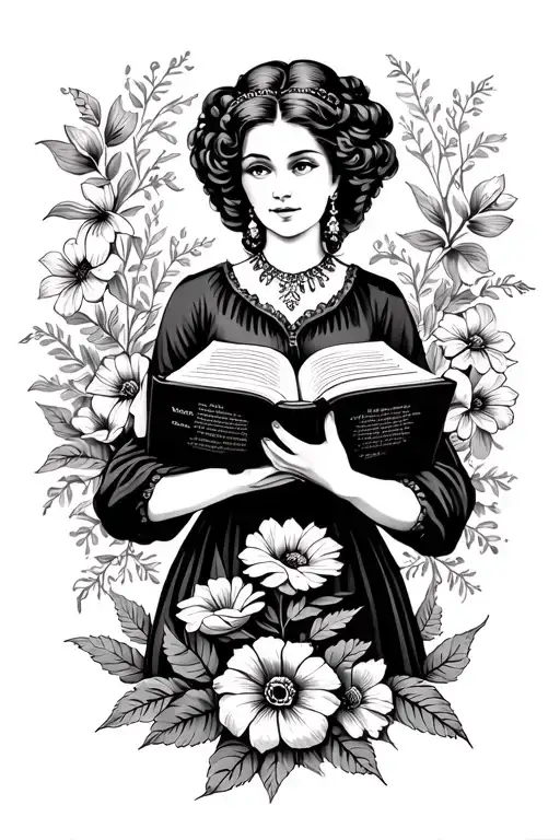 Lady Reading A Book Open In Front With Flowers