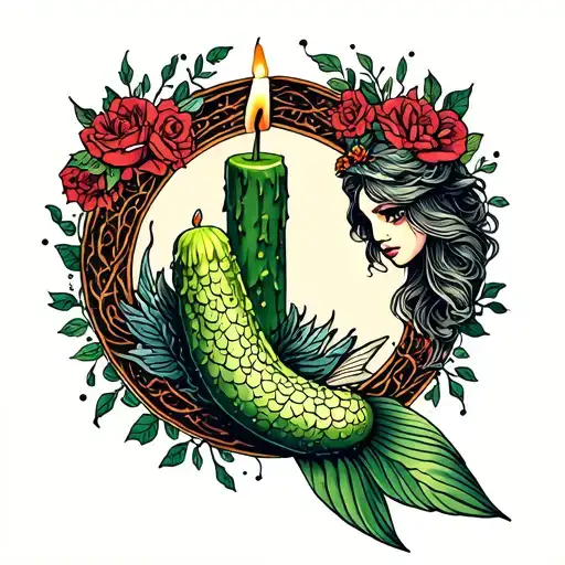 A Pickle A Candle And A Mermaid Intertwined In A Small Circle